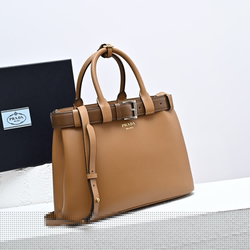 Prada Buckle medium leather handbag with double belt(high-end grade)
